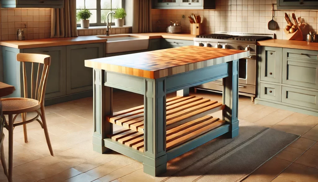 wooden kitchen island with a thick butcher block top